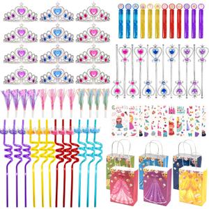 84pcs Princess Party Favors, Sweet Birthday Party Supplies Including Crowns Diamond Wands Tattoo Stickers Blowers Bubble wands, Perfect for Girls' Party Decorations & Pinata Fillers