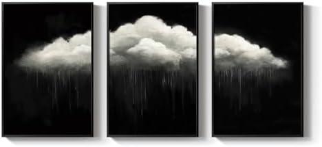 Large Framed Dark Moody Wall Art for Living Room, 3 Piece Academia Goth Canvas Prints Artwork for Walls, Black and White Rainy Cloud Surreal Pictures for Bedroom Wall Decor - Total Size 30x60 Inch