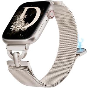 Stainless Steel Magnetic Loop Compatible with Apple Watch Band 42mm 44mm 45mm 46mm 49mm Women Metal Mesh D-shaped Clasp Strap for iWatch SE Series 10/9/8/7/6/5/4/3/2/1/Ultra(1/2) Starlight