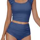 Eomenie Tankini Swimsuits for Women Ruched Tummy Control Bathing Suit Two Piece Swim Tank Top with High Waisted Bottom (Extra Large, Blue)