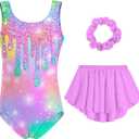 Idgreatim Girls Gymnastic Leotard Ballet Dance Dress Outfit with Removable Skirt Hair Scrunchie Combo 4-11 Years (8-9 Years, Green Pink)