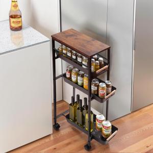 Slim Laundry Small Rolling Cart Organizer with Wood Top, 5 Tier Rolling Storage Cart with Pull-Out Drawers, Metal Narrow Bathroom Storage, Narrow Kitchen Rolling Cart(Black)