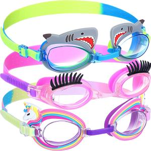 3 Pack Kids Toddler Swim Goggles Anti Fog UV Leak Proof Waterproof cute shark eyelash Swim Goggles for Kids Girls Boys Youth Age 3-14