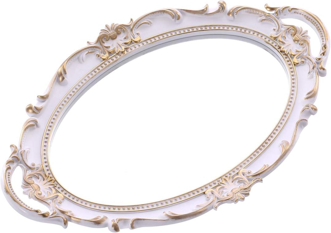 Sooyee Decorative Tray - White and Gold Mirror Tray for Bathroom Vanity, Dessert & Coffee Table, Home Decor with Handle (14" x 9.8" x 1")