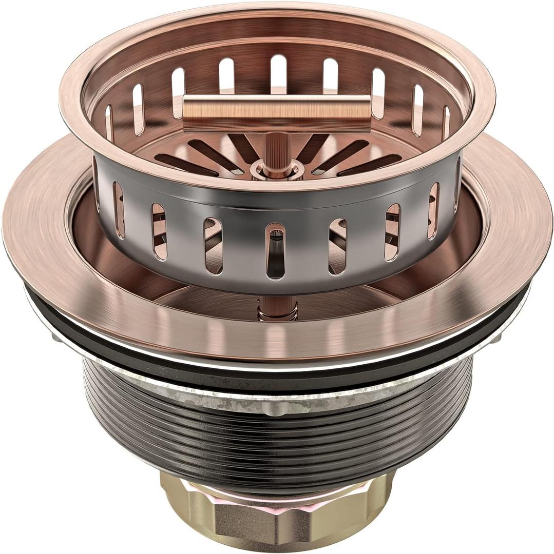 BOTEMY B9171 Copper Kitchen Sink Drain Kit 3 1/2 Sink Strainer for Kitchen Sink with Stainless Steel Strainer Stopper Drain Assembly Basket Strainer Fit Standard Sink Drain Hole(Antique Copper)