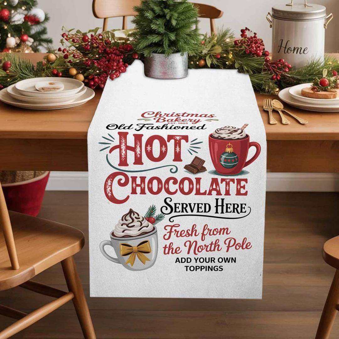 Christmas Hot Chocolate Cocoa Table Runner Coffee Winter Red Cup Washable Table Runners Kitchen Dining Table Decoration for Home Party Decor 18x72 Inch