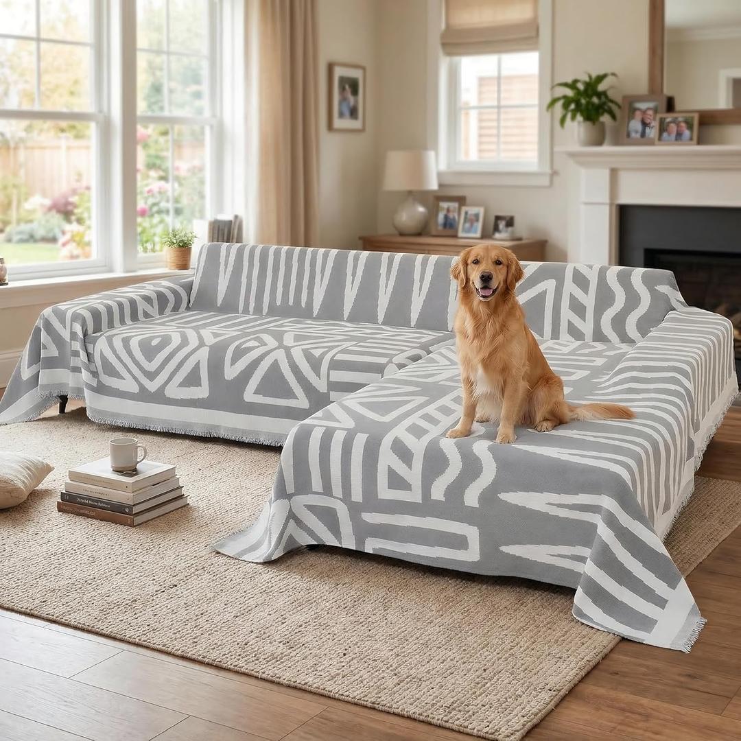 Boho Sectional Couch Covers 2 Pieces, L Shaped Sofa Cover, Chenille Couch Cover for Dogs Washable, Couch Cover Blanket, Sofa Slipcover for 2-3 Cushion Couch