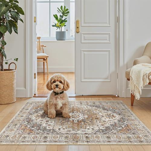 Madane Washable Area Rug 2x3, Small Entryway Rug Non-Slip Vintage Door Mat Indoor Entrance, Low Pile Floor Carpet for Inside Front Door Bedroom Kitchen Entry Laundry (2'x3', Turmeric/Grey)