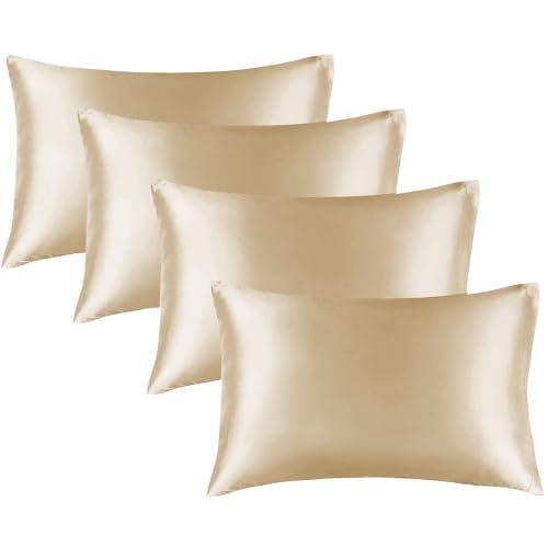 BEDELITE Satin Pillowcase for Hair and Skin, Super Soft Similar to Silk Pillow Cases 4 Pack with Envelope Closure, Cooling Pillowcases for Women Men (20"x30" Queen Size, Champagne)