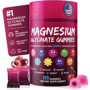 Magnesium Glycinate Gummies 600mg High Absorption Pure Magnesium Glycinate Complex for Women & Men Support Sleep, Stress & Muscle, Sugar Free, Vegan & Non-GMO Cherry, 120 Count
