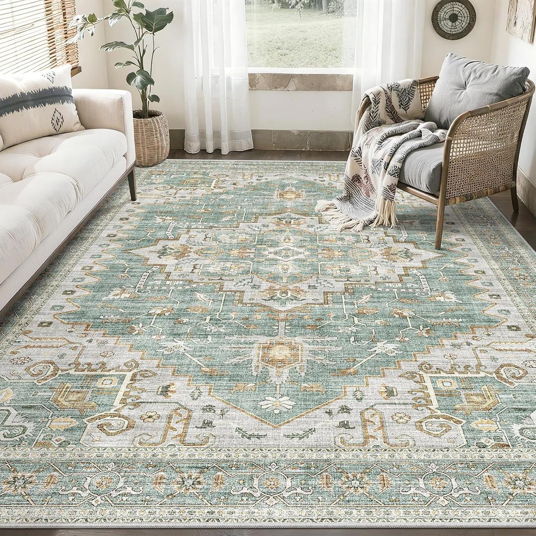 Area Rugs for Living Room - 4x6, Boho Non-Slip Low Pile Carpet Machine Washable Rugs for Bedroom, Farmhouse, Office, Dining Room (Green)