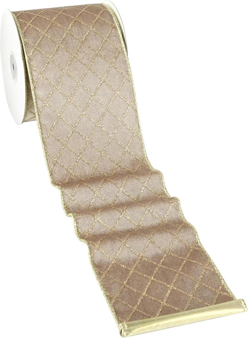 MAYREEL 4 Inch Taupe and Gold Velvet Wired Ribbon Metallic Diamond Glitter Grid for Christmas Gift Wrapping Floral Craft Bows Wreaths Garland Wedding Holiday Decor 10 Yards