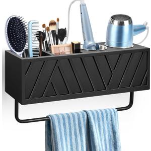 Hair Tool Organizer Wall Mounted with Towel Bar, Wood Hair Dryer and Styling Holder for Bathroom, Vanity Caddy Storage Stand for Storage Bathroom Accessories, Flat Iron, Blow Dryer, Brushes(Black)