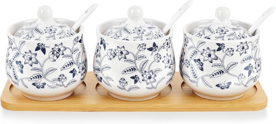 fanquare Blue and White Floral Ceramic Sugar Bowl with Lid, Spoon and Tray, Coffee Sugar Canister Set of 3, Seasoning Box Salt Bowl for Kitchen, 9.5 Ounces