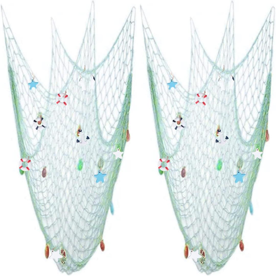 Nature Fish Net Wall Decoration with Shells, Ocean Themed Wall Hangings Fishing Net Party Decor for Pirate Party,Wedding,Photographing Decoration (2pack-Aqua/Aqua) (One Size)