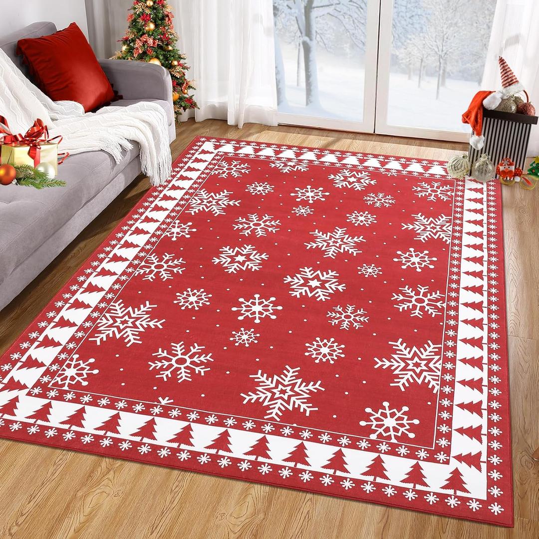 Christmas Area Rug Modern Bordered Machine Washable Rug Holiday Decorative Xmas Tree and Snowflake Floor Cover Carpet Non Slip Stain Resistant Accent Rug for Living Room Decor, Red, 3' x 5'