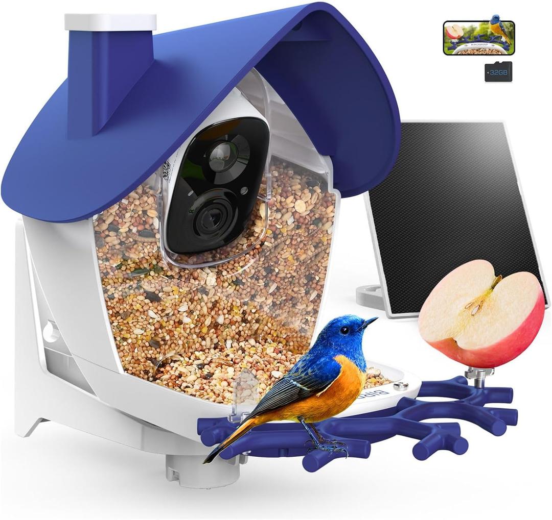 birdsnap P33 - Smart Bird Feeder with Camera Solar Powered, 2K Video Bird Camera Feeder Live with 32GB Card, AI Identify Feather Species, Auto Record in Backyard, Ideal Gift for Birds Lover (Blue)