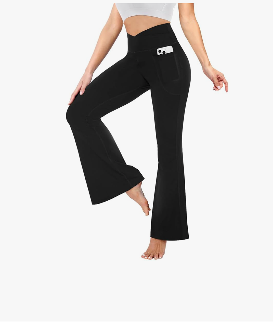 Flare Leggings for Women with Pockets - Crossover High Waisted Black Flared Leggings for Yoga Gym Workout, M