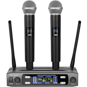 Depusheng Wireless Microphone System, VHF Fixed Dual Frequency Wireless Set with 2 Handheld Dynamic Transmitter Wireless Mic Set for Singing, Karaoke, Church, DJ,200ft Range