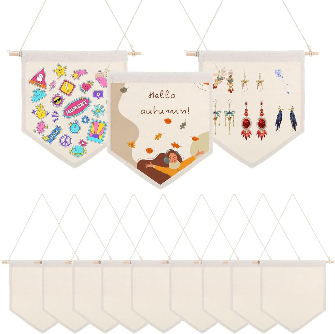 12PCS Blank Canvas Flag, Natural Canvas Banner Wall Hanging with Wooden Dowel for DIY Pin Display, Paint Decorations, Enamel Badge Collection (10.4" x 9.44")
