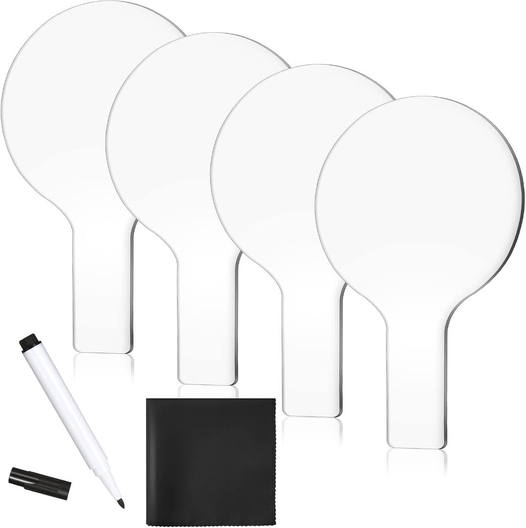 Containlol 4 Pieces Mini Dry Erase Answer Paddles Acrylic Answer Board Double-Sided Response Paddles Quick Response Board with Handle for Teaching Office Games Home(White Boards, Black Marker)