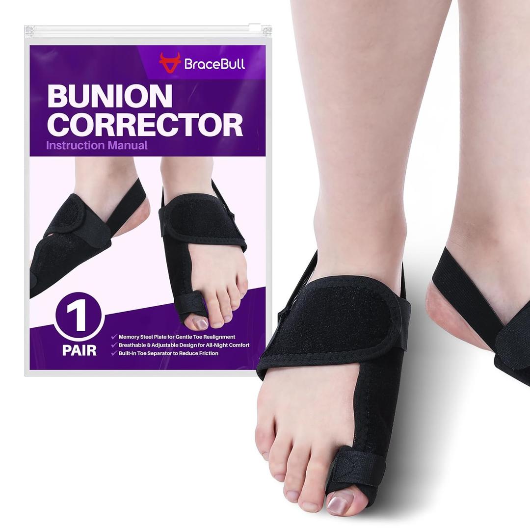 BraceBull Bunion Corrector for Women & Men (1 Pair), Big Toe Straightener with Memory Steel Plate, Night Bunion Splint & Toe Separator, Adjustable Foot Brace for Sleeping, Comfortable Big Toes Support