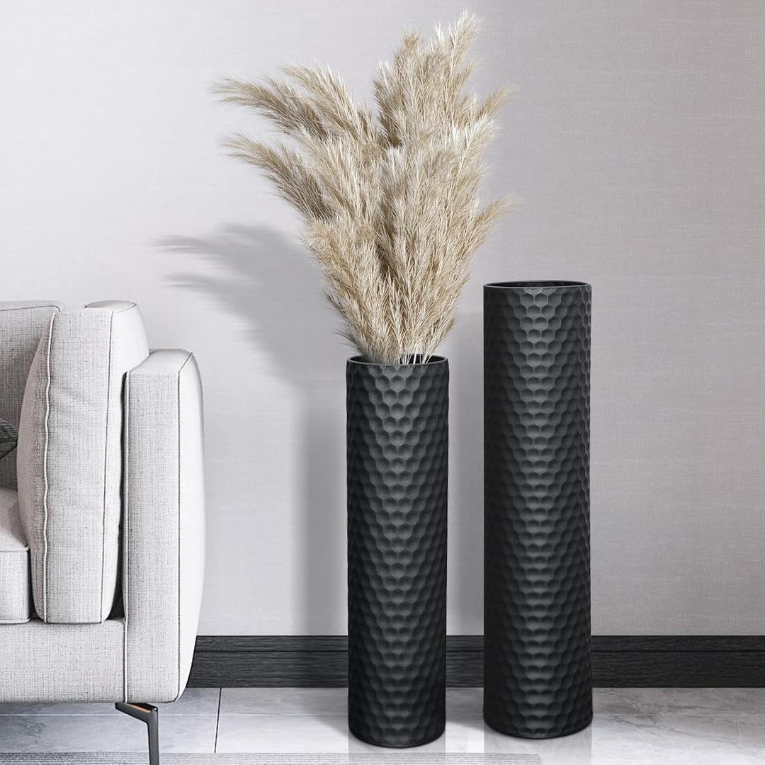 Tall Black Floor Vase: 27.7 Inch Extra Large Decorative Vases for Living Room Modern Tall Vases for Floor with Hammered Honeycomb Big Metal Standing Vase for Corner Office Home Set of 2