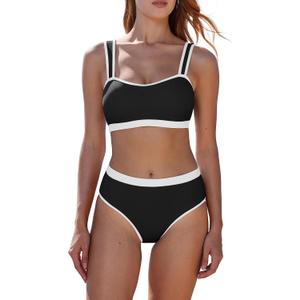 MOOSLOVER Women Bandeau High Waisted Bikini Sets Cheeky High Cut Swimsuit 2 Piece Bathing Suits (Black, S)