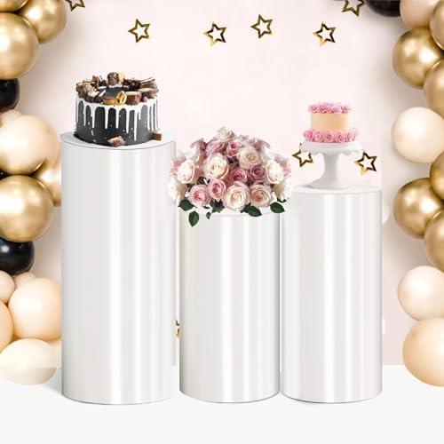 Cylinder Pedestal Stand PVC White Display Plinth Pedestal Stand Portable Sturdy Cylinder Stands cilindros para Fiestas redondos for Party Wedding Birthday Decor Cupcakes Floral Arrangement-3 PCS