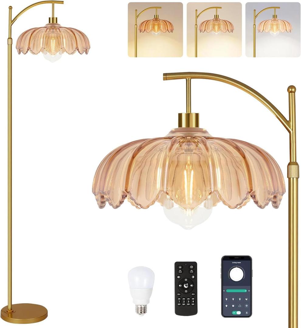 Vintage Floor Lamps for Living Room Glass Floor Lamp with Remote Control & 3 Color Temperature,Dimmable Floor Lamp Gold Mid Century Modern Standing Lamp Brass Tall Floor Lamps for Bedroom Corner