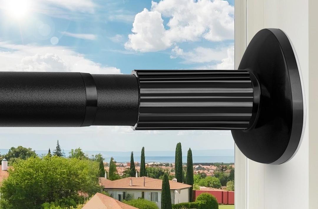 Treije Tension Rod 51-145Inch, Extra Long Curtain Rod No Drilling for Window or Bathroom, Outdoor Curtain Rods for Patio, Easy to Install, Never Rust, Rod Diameter 1.26 Inches-Black