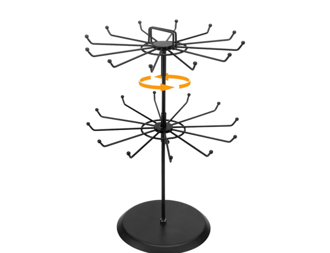 MyGift 2 Tier Black Metal Rotating Necklace and Bracelet Organizer Jewelry Stand with 24 Hooks, Multipurpose Accessory and Keychain Spinning Display Rack with Top Handle Card Holder