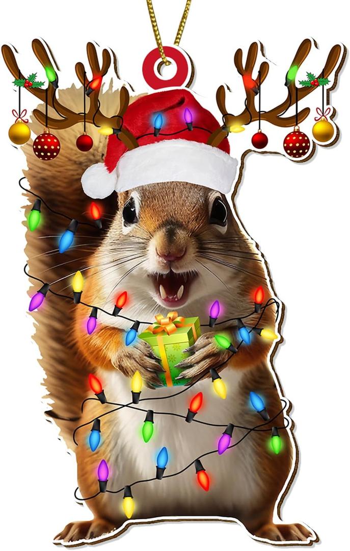 Santa Squirrel Christmas Tree Keepsake Ornaments, Funny Squirrels Themed 2 Side Printed Flat Wooden Ornament, Xmas Hanging Decor