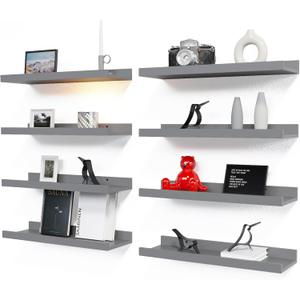 RICHER HOUSE 8 Set Floating Wall Mounted Shelves, Nursery Hanging Book Shelves with Lip for Storage, Gray Display Picture Ledge Shelf for Bedroom Bathroom Kitchen Living Room Wall Decor, Modern Grey (8pcs*15.70in)