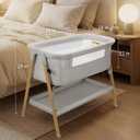 Uuoeebb Baby Bassinet, Bedside Bassinet for Baby, 2-in-1 Bedside Sleeper with Mattress, Half-Mesh Breathable Design, 4 Auto-Lock Wheels, Storage Basket, Easy Assembly (Grey), Crib