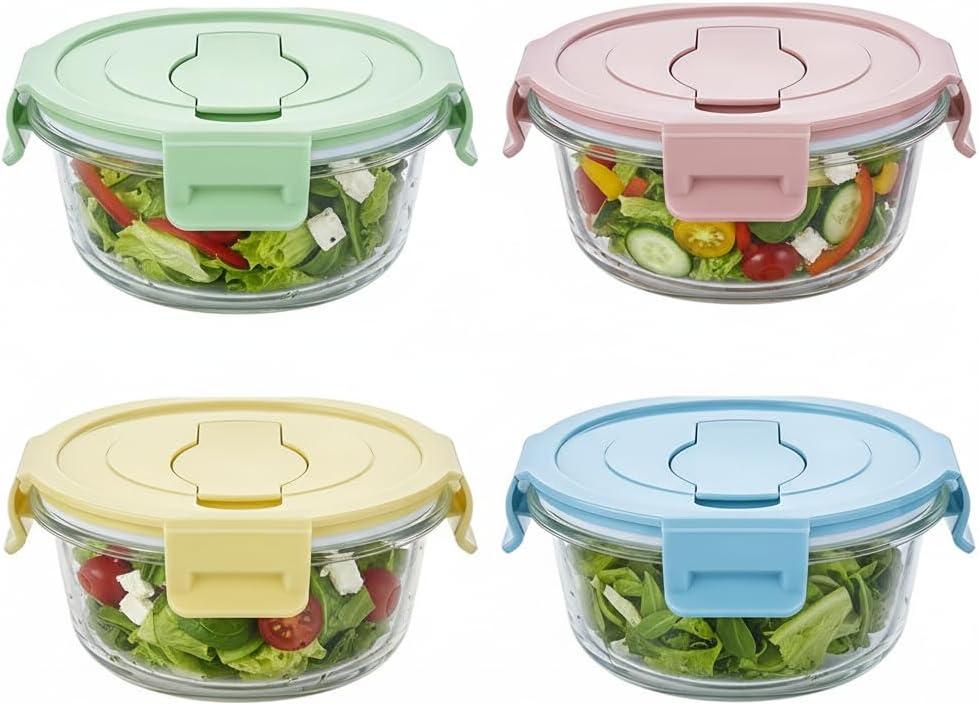 1.5 Cup Round Glass Food Container with Lids and Folding spoon, Small Round Glass Storage Container, 12oz Food Bowls with Spoons for Lunch Office, Oven, Freezer, Dishwasher Safe (4Pack)