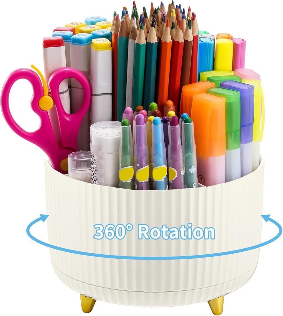 Marbrasse Desk Organizer, 360-Degree Rotating Pen Holder, Desk Organizers and Accessories with 5 Compartments Pencil Holder, Art Supply Storage Box Caddy for Office, Home (White)