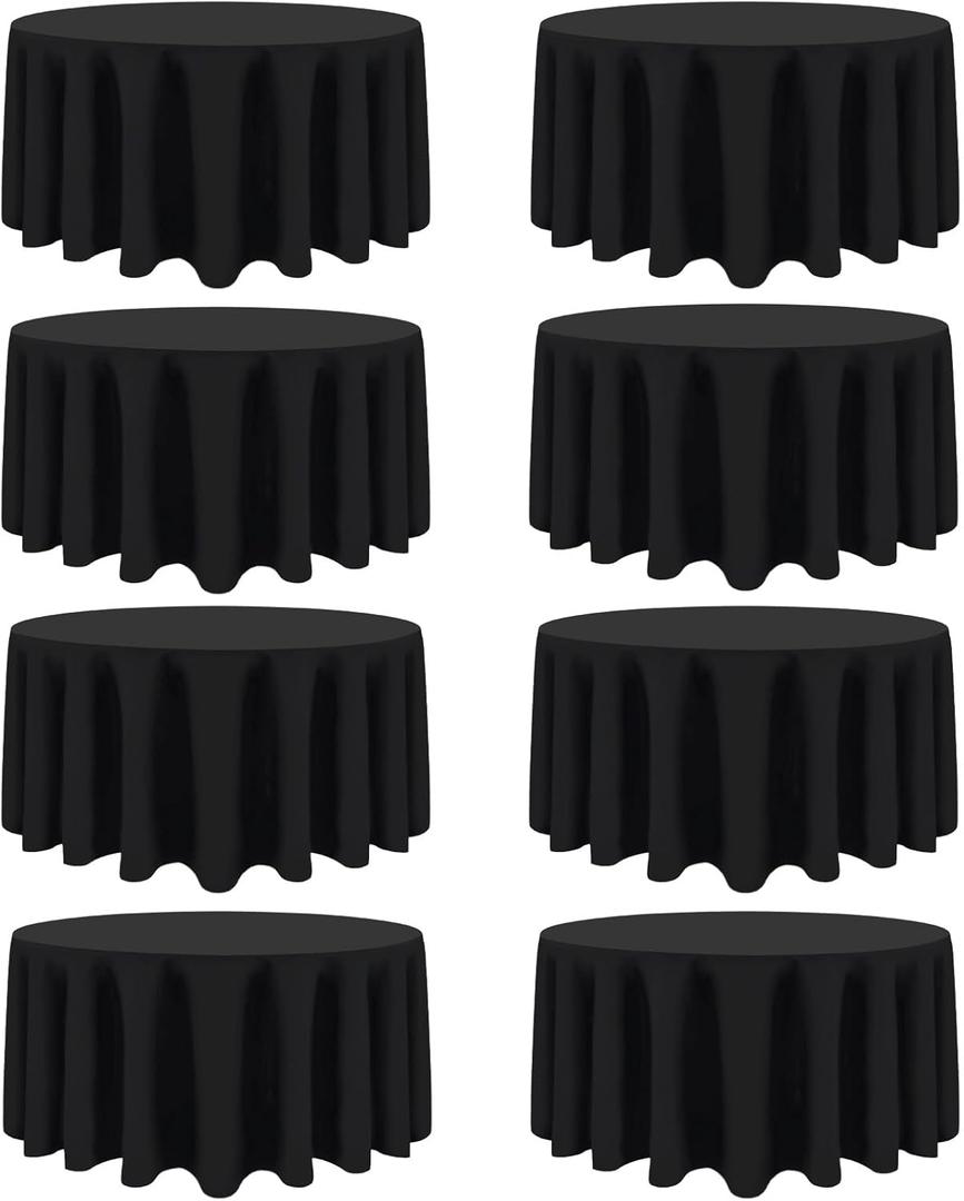 8 Packs 120 Inch Black Round Tablecloth in Diameter, Washable Polyester Fabric Tablecloths, Wrinkle Resistant Table Cloth for Wedding Party Banquet Dining