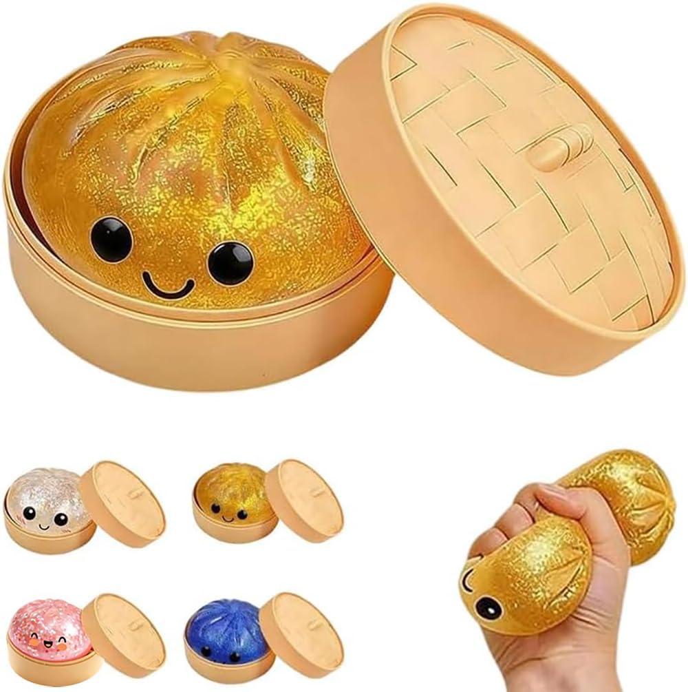 Dumpling Squishy Stress Relief Toy, Mystery Box Squeeze Ball, Sensory Fidget Toy for Anxiety Relief, Easter & Holiday Basket Stuffer (Golden)