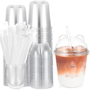 50 Set Plastic Cups with Lids and Straws, Disposable Clear Iced Coffee Cup with Lids Round Bottom Plastic Cup for Cold Beverage Drinks Juice Smoothie Coffee Party(Panda Lid,12 oz)