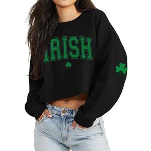 St Patrick's Day Crop Tops for Women Irish Shamrock Graphic Shirt Funny Lucky Clover Long Sleeve T-Shirt Tops (Black, L)