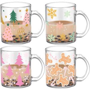Tioncy 4 Pcs Christmas Coffee Mugs 12 oz Christmas Glass Cups with Handle Xmas Tree Gingerbread Snowflakes Coffee Cup Sweet Xmas Gifts Drinking Containers for Holiday Party