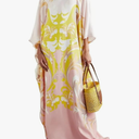 Designer Printed Satin Silk Casual Wear Kaftan for Women,Boat Neck Silk Caftan Dress, Kaftan for Woman,Maxi Long Dress, Gift for Kaftan Yellow Size 20