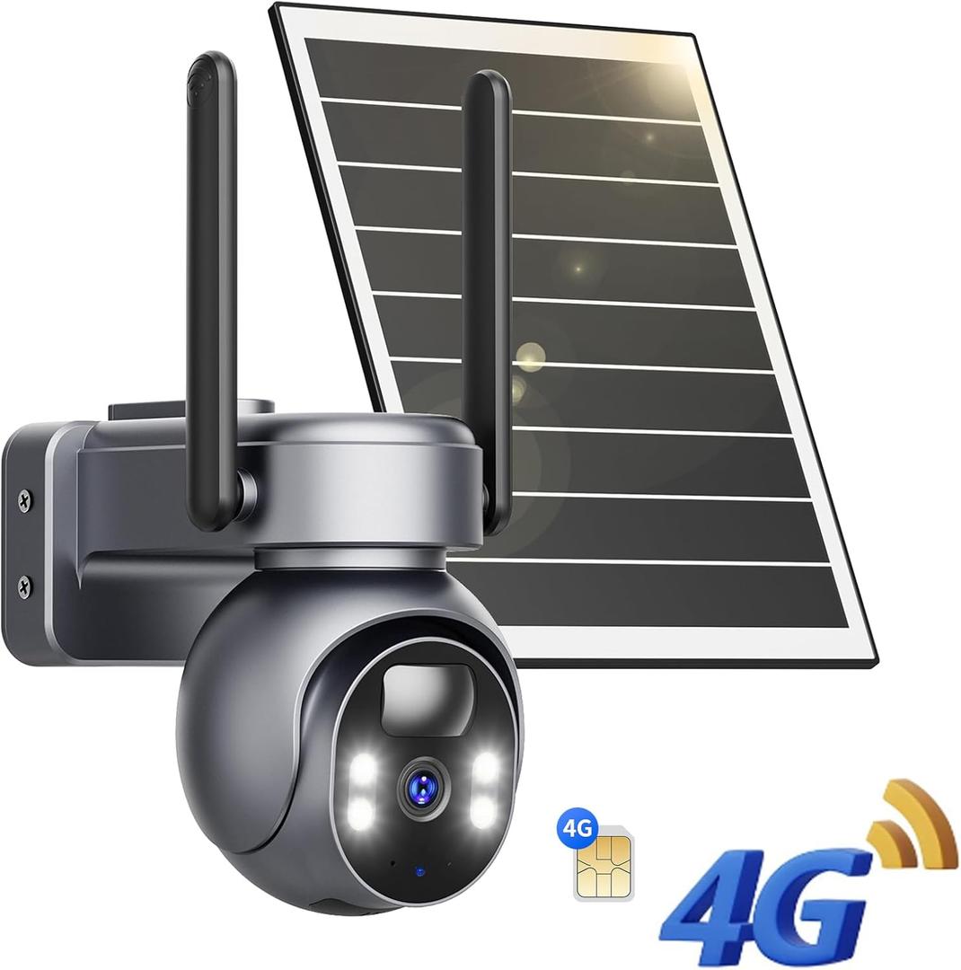 LIWAN 4G LTE Cellular Security Camera Wireless Outdoor, Solar Powered, No WiFi Security Camera, PIR Motion Detection, 2K 360 Color Night Vision, 2 Way Talk, Built-in SIM Card, 1 Pack (Gray)