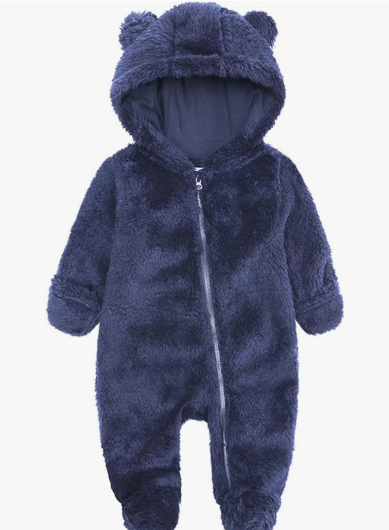 Newborn Baby Jumpsuit Hooded Fleece Rompers Long Sleeve Onesie Outwear Outfits, blue, Size 3-6 Months