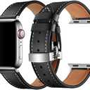 Genuine Leather Bands Compatible with Apple Watch Band Series 10 9 8 7 6 5 4 3 2 1 Ultra SE 49mm 46mm 45mm 41mm 44mm 40mm 42mm 38mm Women Men Top Calfskin for iWatch Wristband Replacement Strap (Black-Silver Butterfly Buckle)