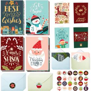 JOYIN 24 PCS Christmas Cards with Envelopes and Stickers, 24 Colorful Designs 4" x 6" Assortment Christmas Cards Bulk for Wintertime Season, present Giving, Xmas Holiday