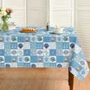 Horaldaily Summer Tablecloth 6084 Inch Rectangular, Patchwork Style Sealife Shells Starfish Seaweed Conch Light Blue Washable Seasonal Table Cover for Party Picnic Dinner Decor