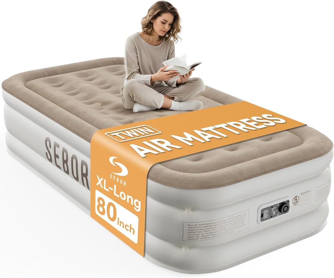 Sebor Air Mattress Twin with Built-in Pump 18", Comfortable Self-Inflating Air Mattress with High-Speed Pump, Durable Blow Up Mattress Twin with Storage Bag for Guests, Camping, Travel (Khaki White)