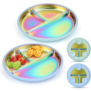 AIEVE Stainless Steel Kids Dinnerware Plates with Suction,2 Pack Round Divided Toddler Plates 9 inch with Removable Silicone Suction